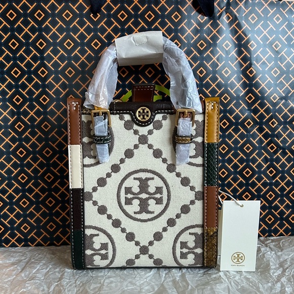 Tory Burch T Monogram Grommet Mini Tote Bag Crossbody Ivory Tan Brown Gold - Picture 3 of 14
